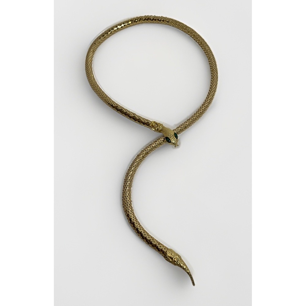 Vintage 80s Gold Tone Mesh Snake Necklace or Belt Emerald Green Stone Eyes 36"